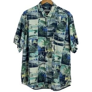 Tommy Bahama SILK Print Hawaiian Tropical Post Card Short Sleeve Shirt Button XL